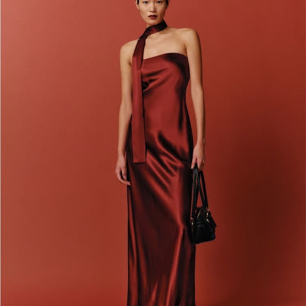 Reformation Strapless Satin Slip Dress in Burgundy